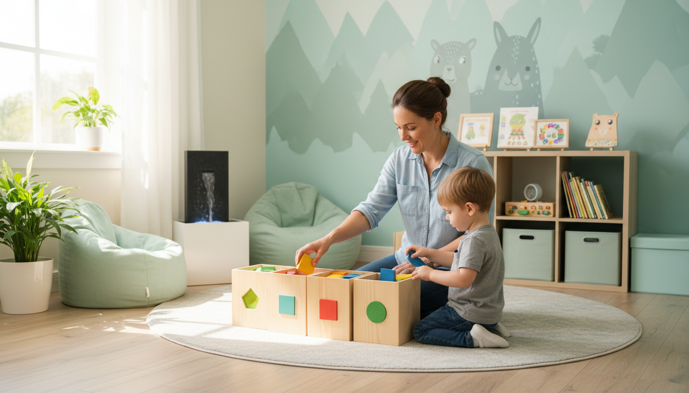 A mother and her young ASD son play with colorful shape sorters on the floor in a bright, cozy room.